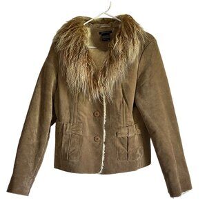Boston Proper Womens Genuine Leather Suede Jacket With Mongolian Fur Trim Y2K